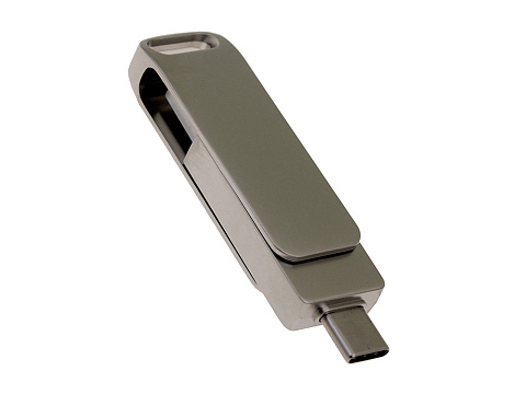 USB 2.0- флешка на 64 Гб поворотный механизм 2 в 1, c дополнительным разъемом Type-C с одноцветным металлическим клипом, серый - рис 2.