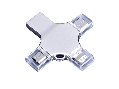 USB-флешка на 128 Гб 4 в 1 поворотный механизм, c дополнительными разъемами MicroUSB, TypeC и Lightning, серебристый - рис 2.