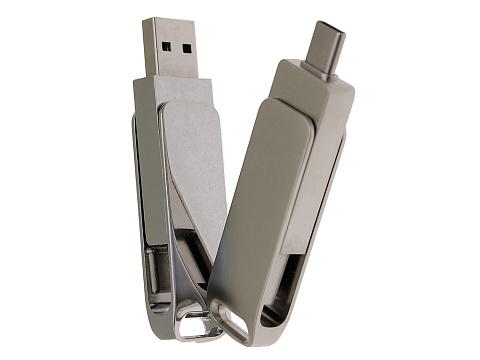 USB 3.0- флешка на 32 Гб поворотный механизм 2 в 1, c дополнительным разъемом Type-C с одноцветным металлическим клипом, серый - рис 5.