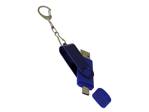 USB-флешка на 32 Гб 2 в 1 поворотный механизм, c дополнительным разъемом Type-C с одноцветным металлическим клипом, синий - рис 4.