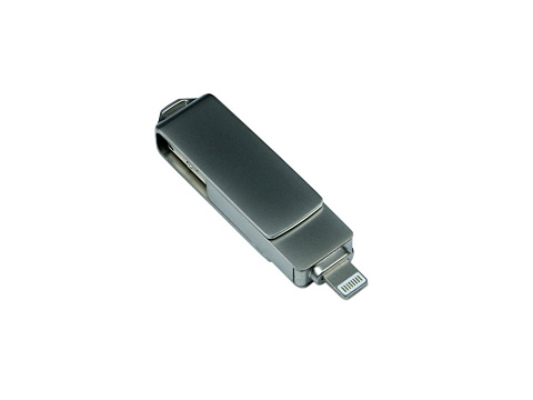USB-флешка на 32 Гб, интерфейс USB3.0, поворотный механизм,c дополнительными разъемами для I-phone Lightning и Micro USB,  полностью металлический корпус, серебро - рис 2.